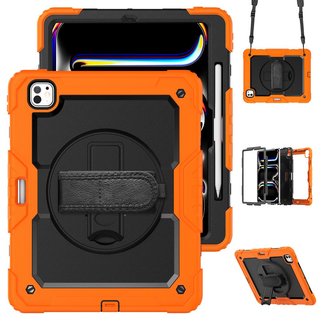 For iPad Pro 13 (2024) Kickstand Case PC+Silicone Tablet Cover with Screen Film/Shoulder Strap