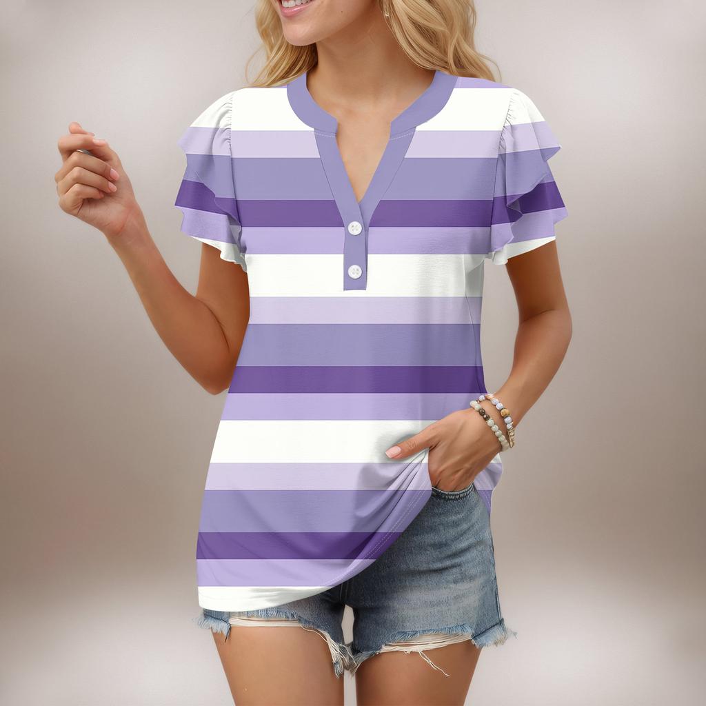 Женский повседневный топ с короткими рукавами и V-образным вырезом, с оборками и градиентом