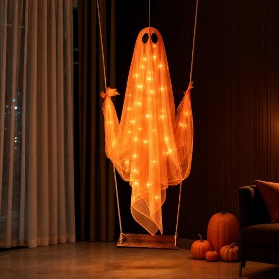 Halloween Ghost Decoration, Large Hanging Swing Ghost with LED String Lights, Battery Powered Ghost Figure for Outdoor Indoor Halloween Party Yard