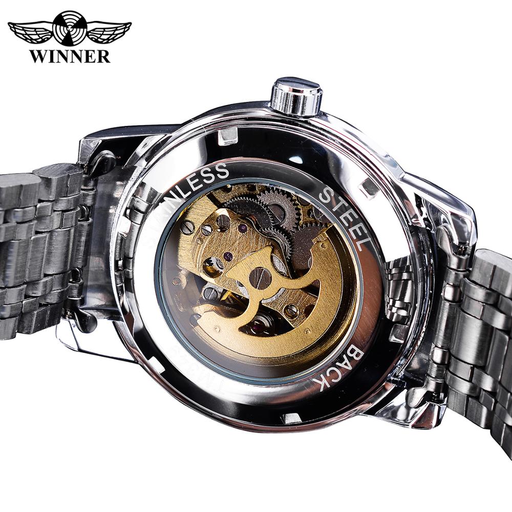 WINNER Часы мужские автоматические механические с бриллиантовым циферблатом из нержавеющей стали со скелетонизированным механизмом и светящейся стрелкой SLZg108