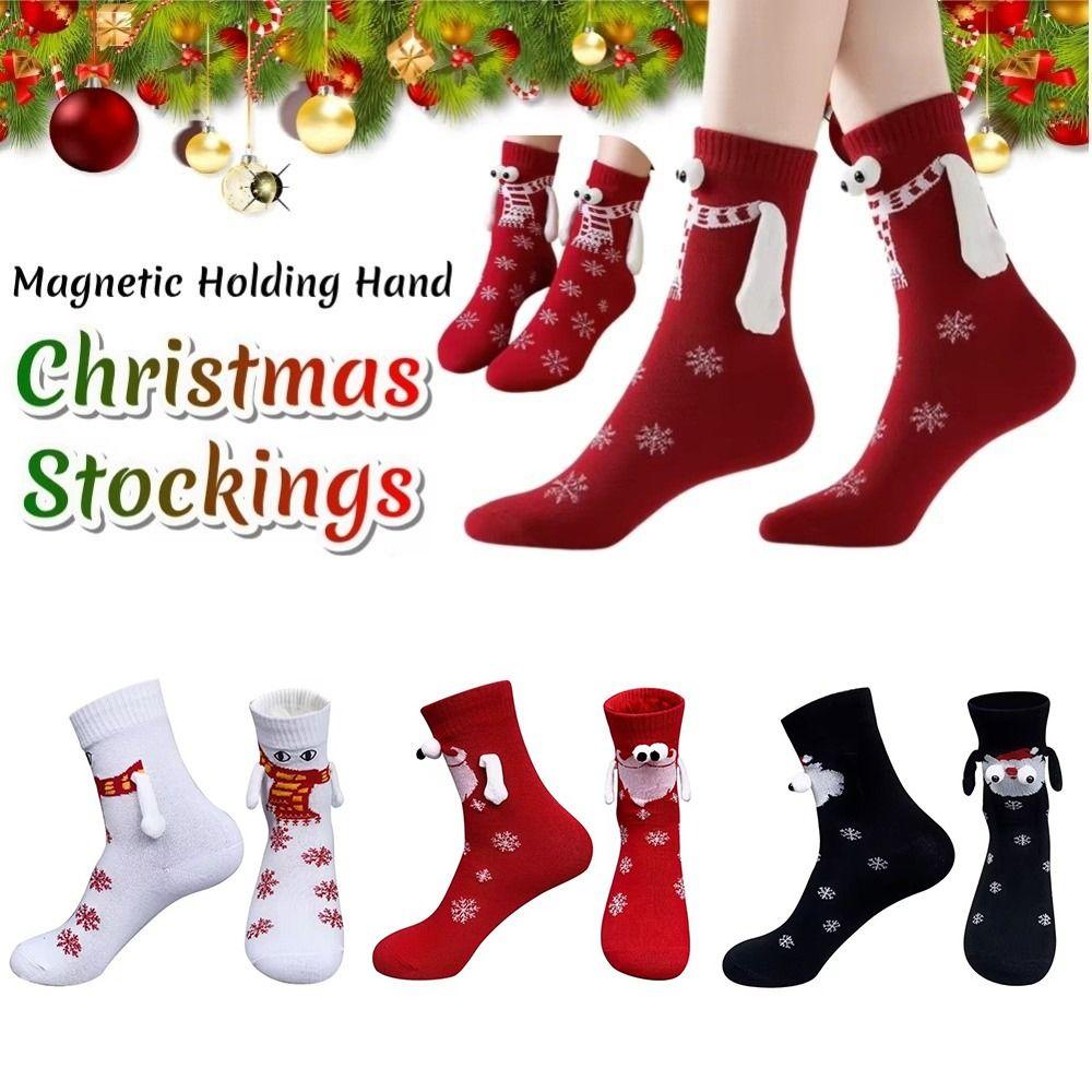 Cartoon Funny Xmas Sock Warm Mid-calf Socks Gifts Magnetic Holding Hands Socks For Women Men