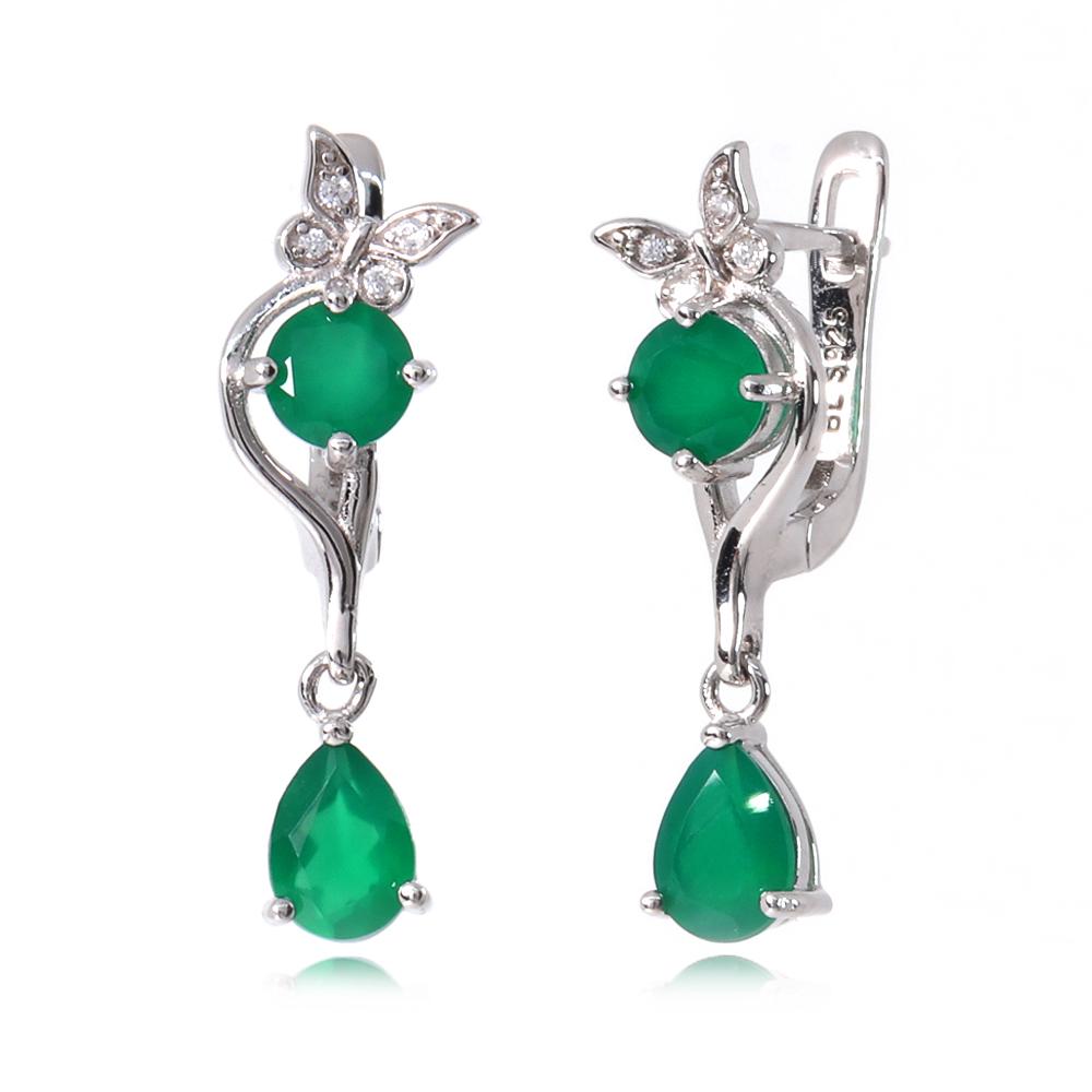 Butterfly Design Silver Jewelry Set with Natural Green Agate Gemstones Earrings And Ring for Women