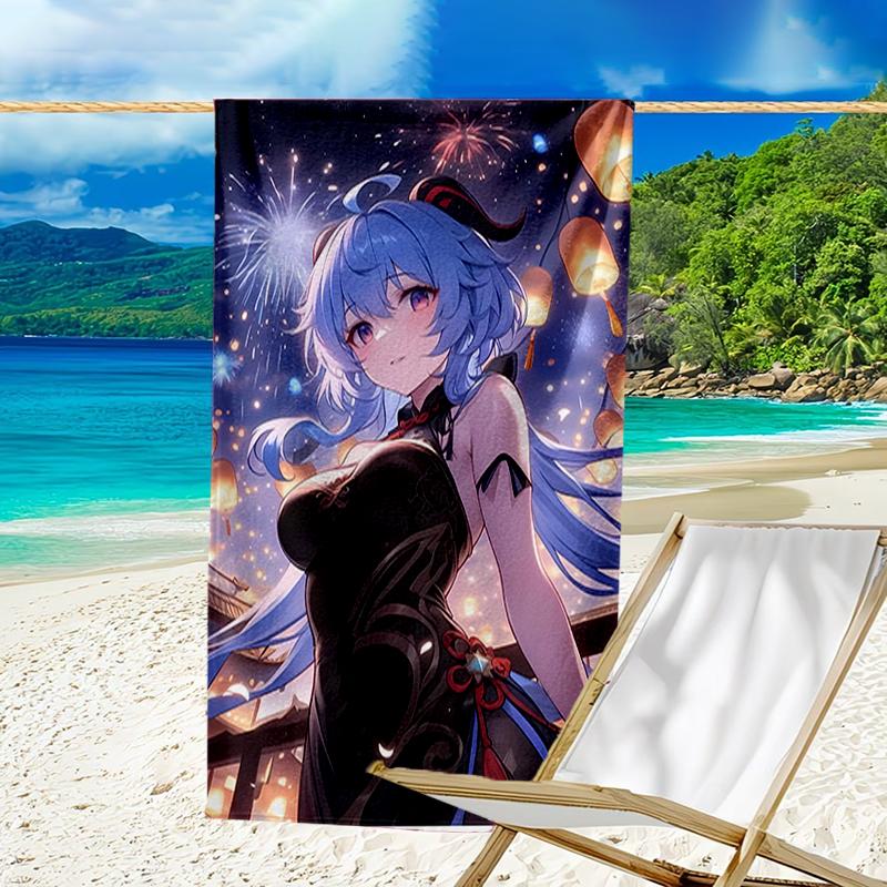 proof beach towel with a Genshin Impact characters5 pattern - soft,absorbent,quick-drying,machine washable - perfect for swimming,camping,bathing
