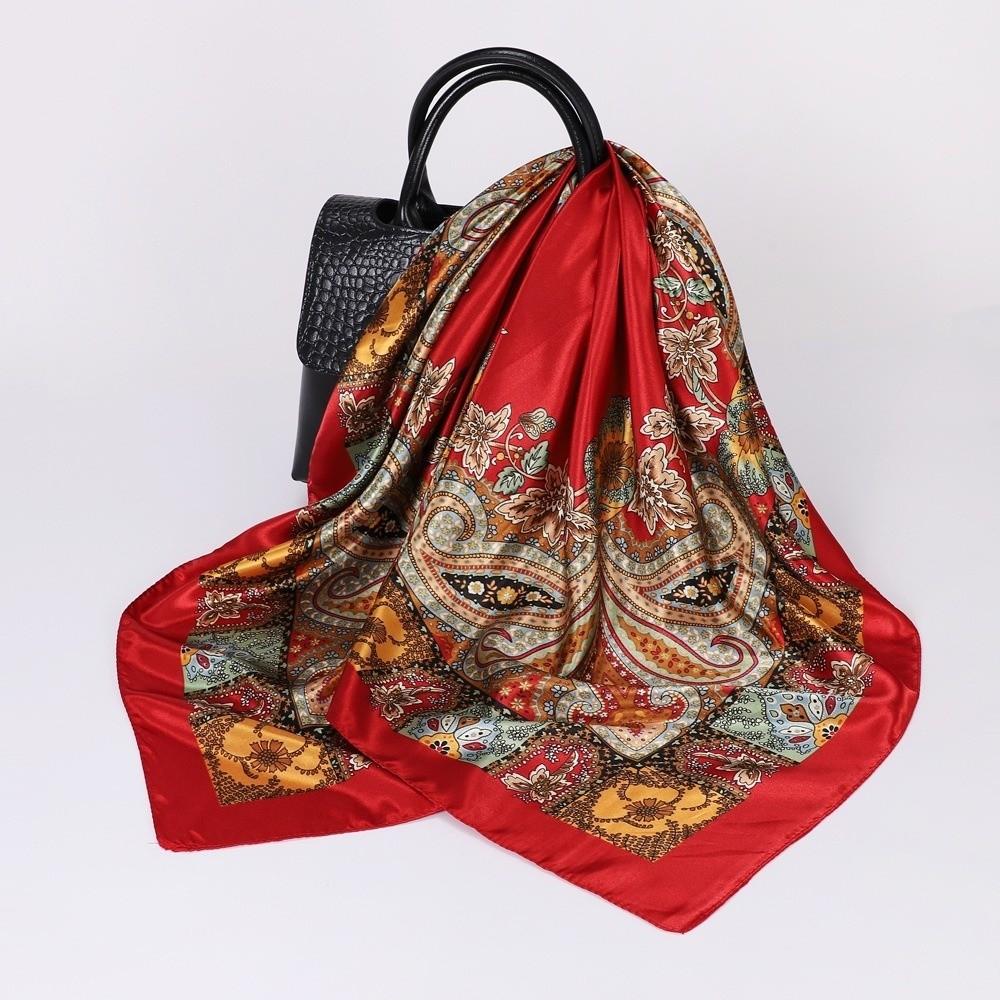 Bohemian Women Muslim Hijab Bandana 90*90cm Print Silk Headkerchief Satin Square Scarf Office