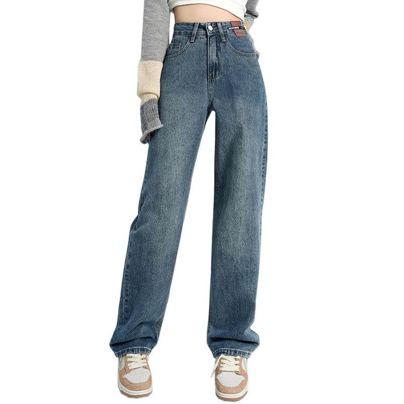 GMXIA Джинсы грушевидной формы, повседневные, с высокой талией, широкие брюки, прямые, кожаные, фирменный дизайн, ретро, брюки до пола, осень