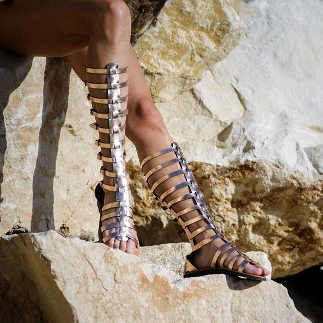 Gladiator Sandal Summer New Roman Bandage Sandals Open Toe High Tube Hollow Flat Bottom Belt Buckle Roman Sandals