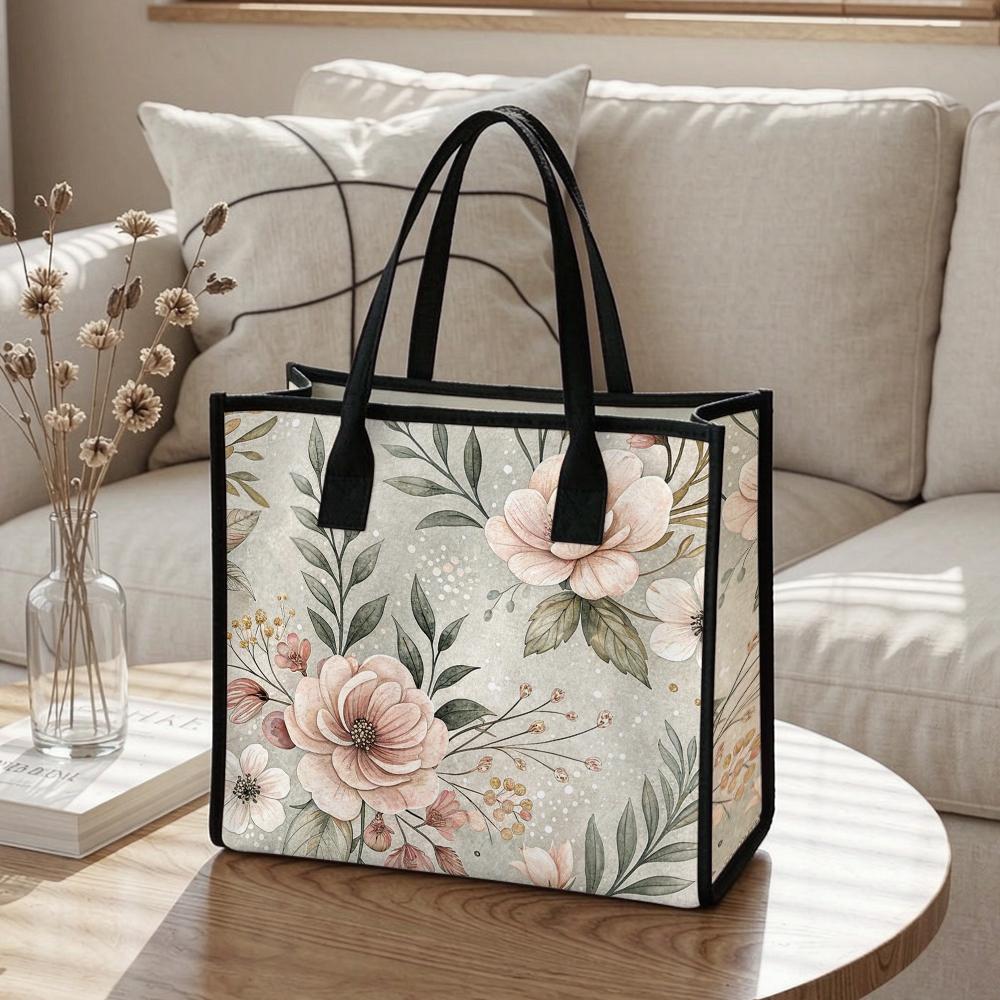 Elegant Floral Print Casual Tote Bag Lightweight Daily Handbag For Shopping Outdoor Commute Use