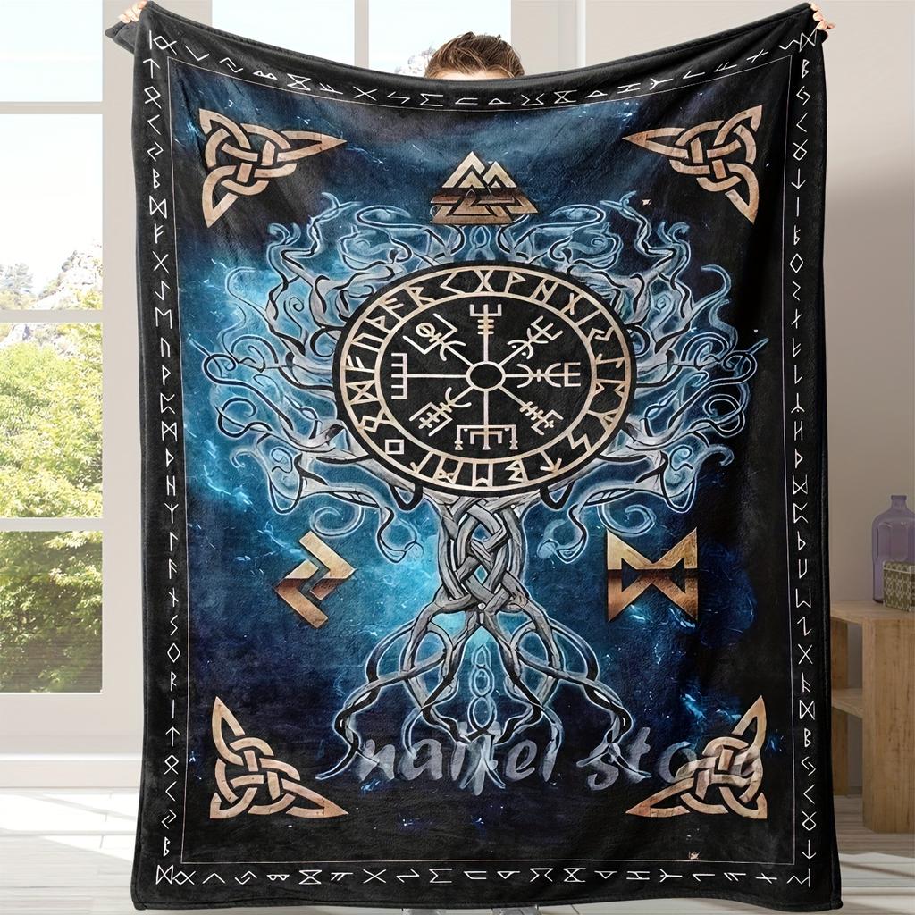 VIKAMA Nordic Rune Nautical Blanket Viking Compass Celtic Knot Mystic Totem Living Room Bedroom Nautical Theme Blanket