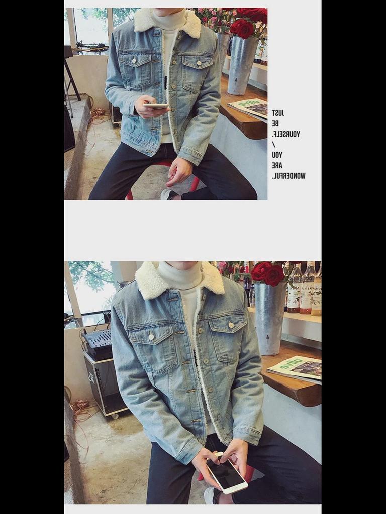 Мужская зимняя куртка из плотного денима в стиле ретро с меховым воротником и подкладкой из овечьей шерсти