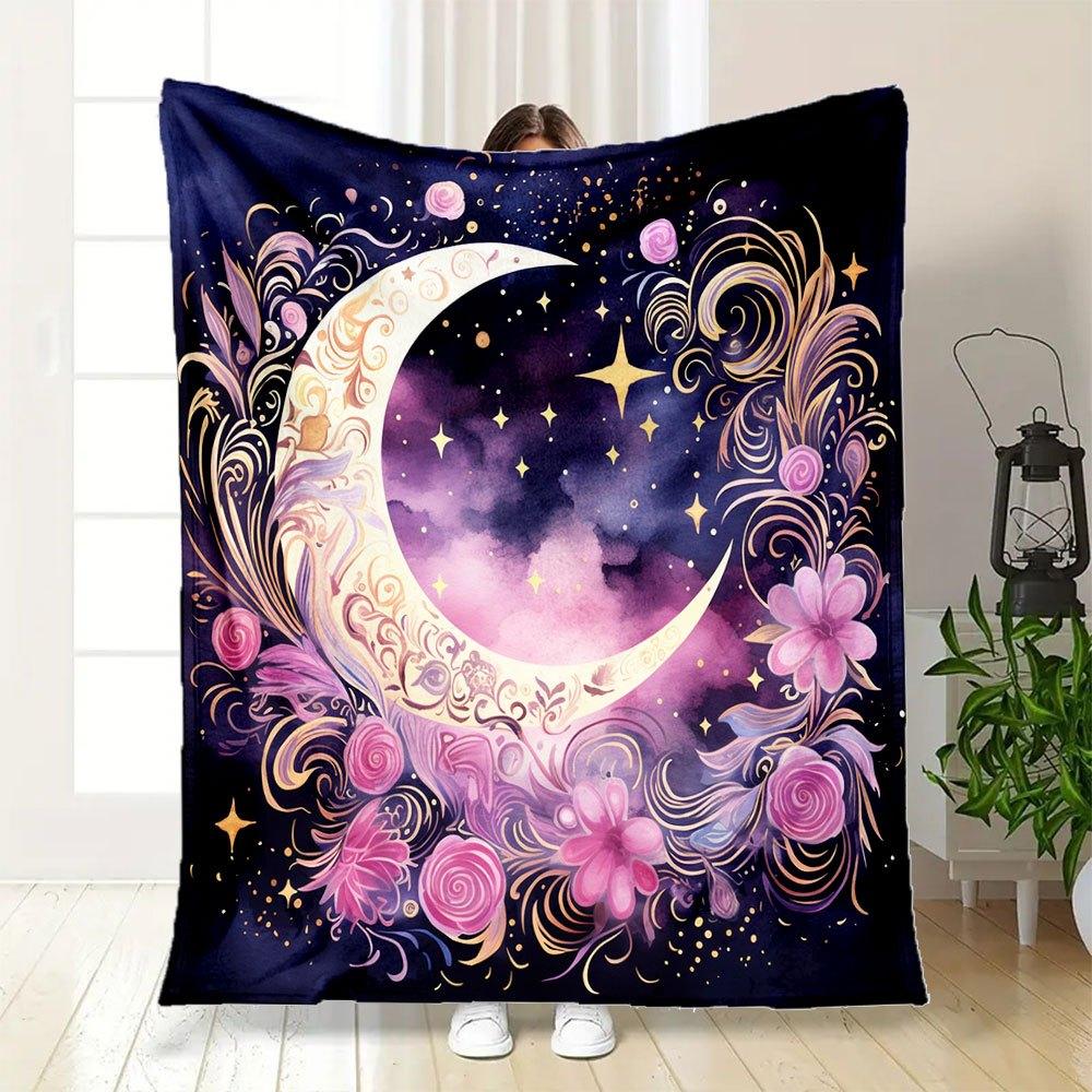"Enchanted Celestial Crescent Moon Wall Art Print"Blanket Flannel Throw Blanket for Sofa, Bed, Travel, Camping, Office