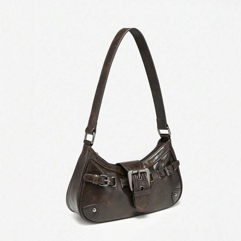 Deep Brown Retro Motorcycle Leather Underarm Shoulder Bag for Women