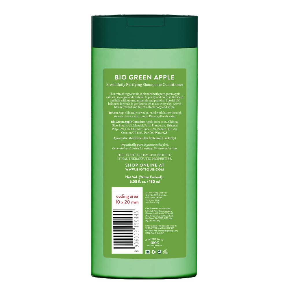 Biotique Bio Зеленое Яблоко Свежий Ежедневный Очищающий Шампунь и Кондиционер для Жирной Кожи Головы и Волос, 180 мл И Миндальное Масло Ультра-Питательный Гель для Душа, Botanica