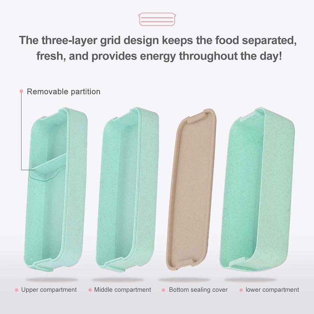 Bento Box for Adults, 3-In-1 Meal Prep Container, 900ML Lunch Box with Compartment, Wheat Straw, Leak-proof, Spoon & Fork