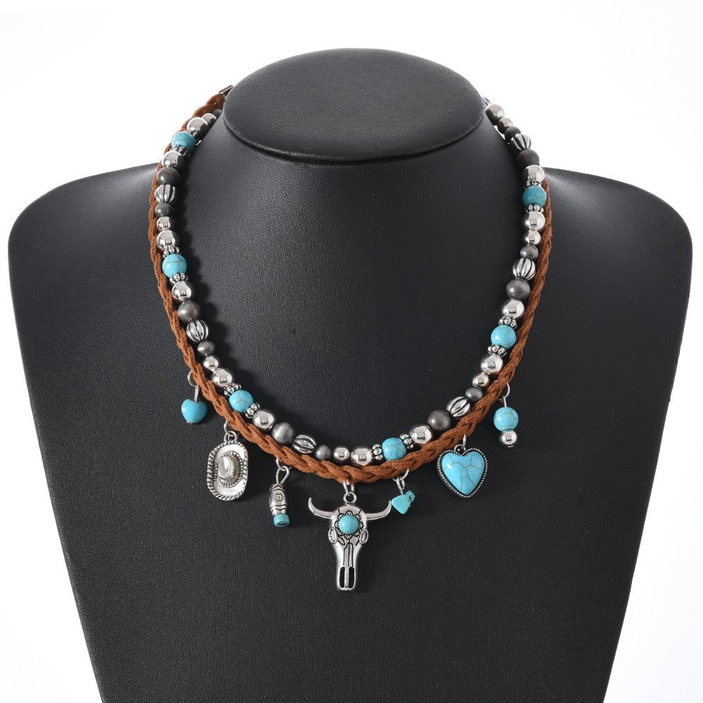 Butterfly-shaped Wooden Beaded Double-layer Necklace, Women's Retro-style Woven Rope Collarbone Chain