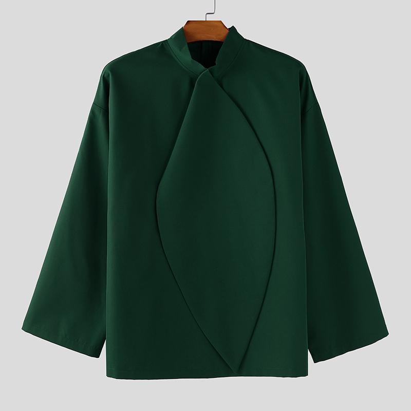 INCERUN Мужские рубашки оверсайз с воротником-стойкой, завязками и длинным рукавом, повседневные, свободного кроя