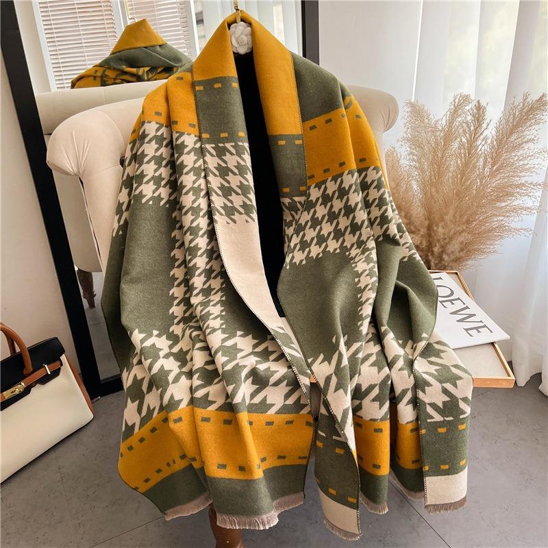Autumn and Winter New Color Matching Thousand Bird Grid Fashion Thickened Warm Scarf Imitation Cashmere Student Scarf Large Shawl