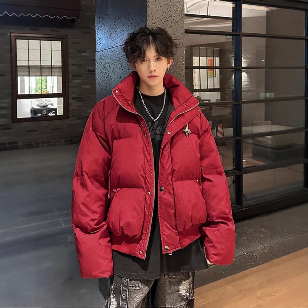 Red Down Jacket Mens Winter Thickened Bread Coat High Street Design Handsome Jacket