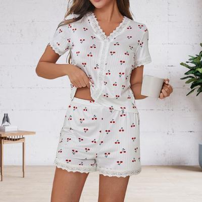 Пижамный костюм Yousheng из 2 предметов, кружевной топ с V-образным вырезом и короткими рукавами, с принтом вишни, удобная домашняя одежда, повседневный топ и шорты, комплект одежды для сна