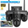 EU Plug 6K 12MP WiFi IP Camera Outdoor Triple Lens Three Screen 10X Zoom Panoramic View PTZ Security Cam Motion Detection CCTV Video Surveillance