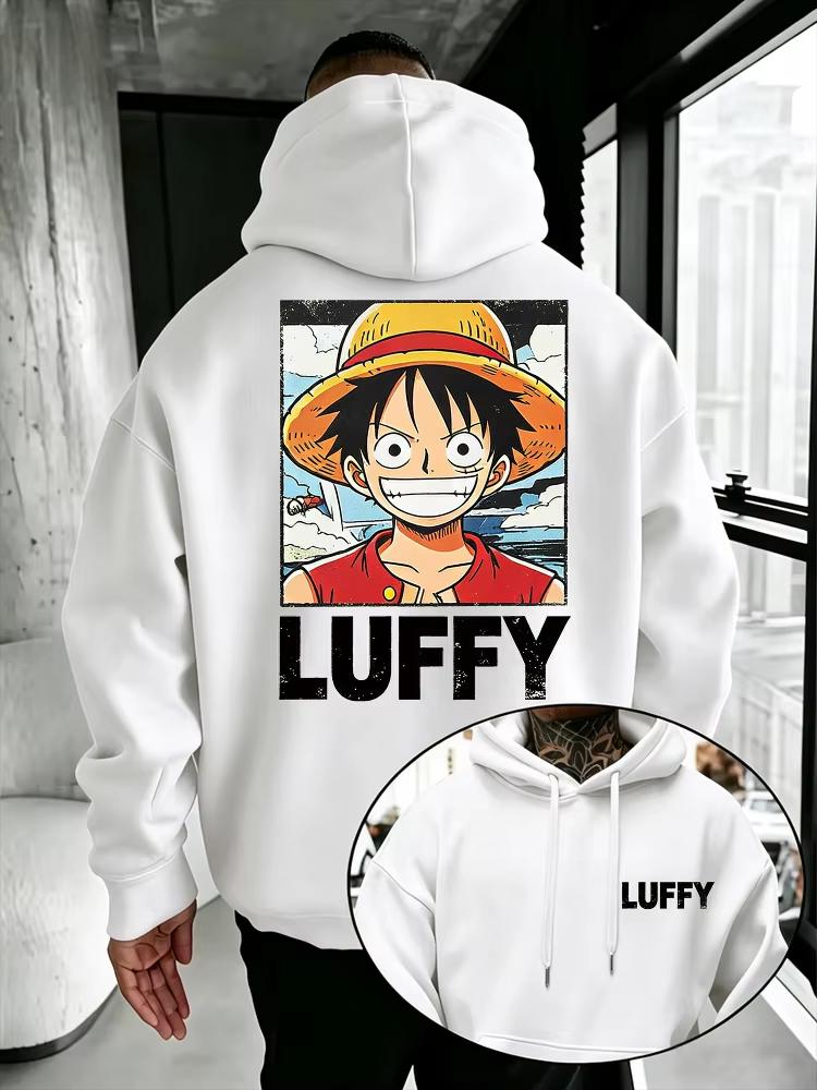 One Piece Men's Hoodie Y2K Style High Quality Warm Japanese Anime Inspired Luffy Print Casual Pullover