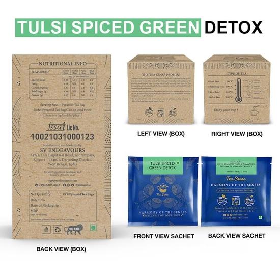 TEA SENSE Tulsi Spiced Green Detox | 15 чайных пакетиков-пирамидок в герметичных пакетиках | Смесь зеленого чая, тулси и индийских трав | Заварено несколько раз
