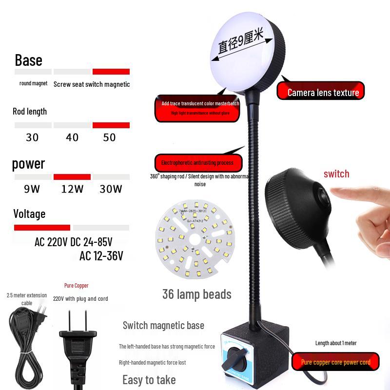 220V LED Work Light with Magnetic Base for Lathe, Punch Press, Injection Molding, and 24V Equipment