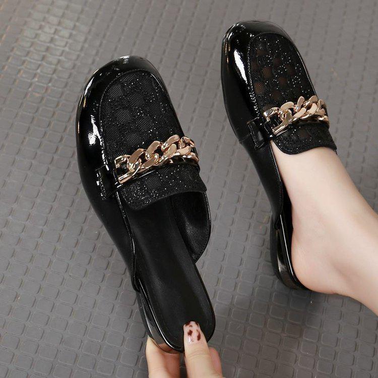 Лето 2025 Женские Мюли из Цепочной Сетки с Острым Носком и Массивным Низким Каблуком