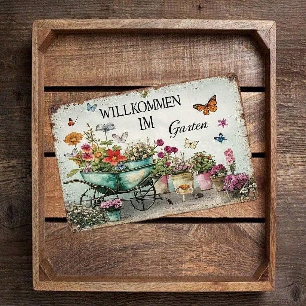 1pc German Welcome Garden Tin Sign 12x8 Inch 2D Flat Metal Wall Decor Vintage Hanging Plaque for Garden Kitchen
