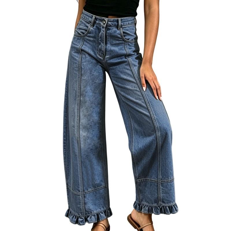 Womens Straight Leg Jeans Ruffled Hems Loose Fit Mid Waist Denim Pants