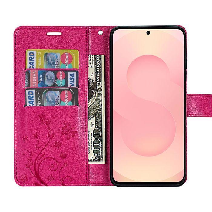 Coque de Protection - BOOLING - pour Samsung Galaxy S25 FE - Effet Cuir Motif Papillon Fuchsia - 2 Verres Trempés