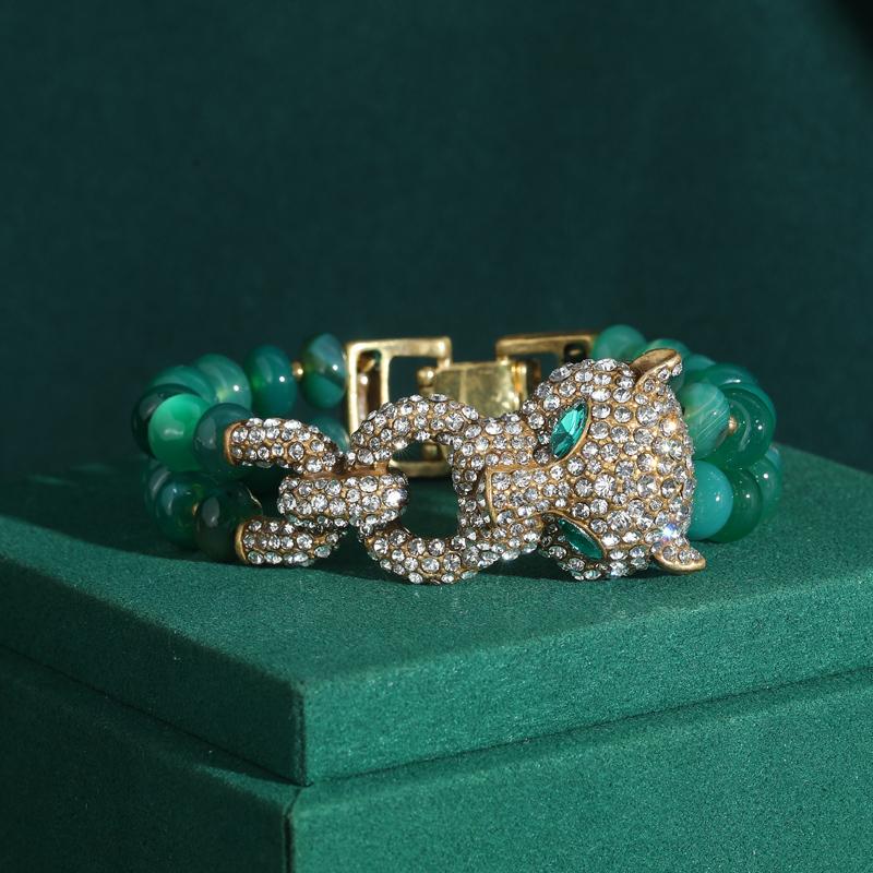 Vintage Green Beads Bracelet Women Rhinestones Leopard Head Bangles Eye Luxury Brand Gold Color Retro Jewelry Accessories 2025