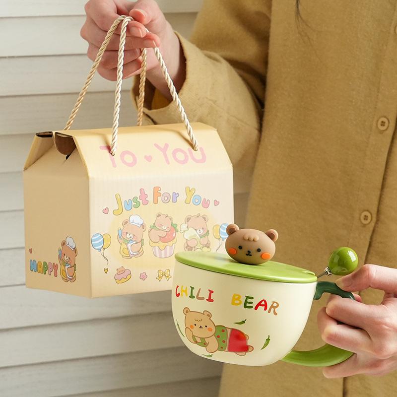 Милая и дорогая керамическая чашка с медведем, крышкой и ложкой, домашний офис, пара, чашка для воды, подарок девушке