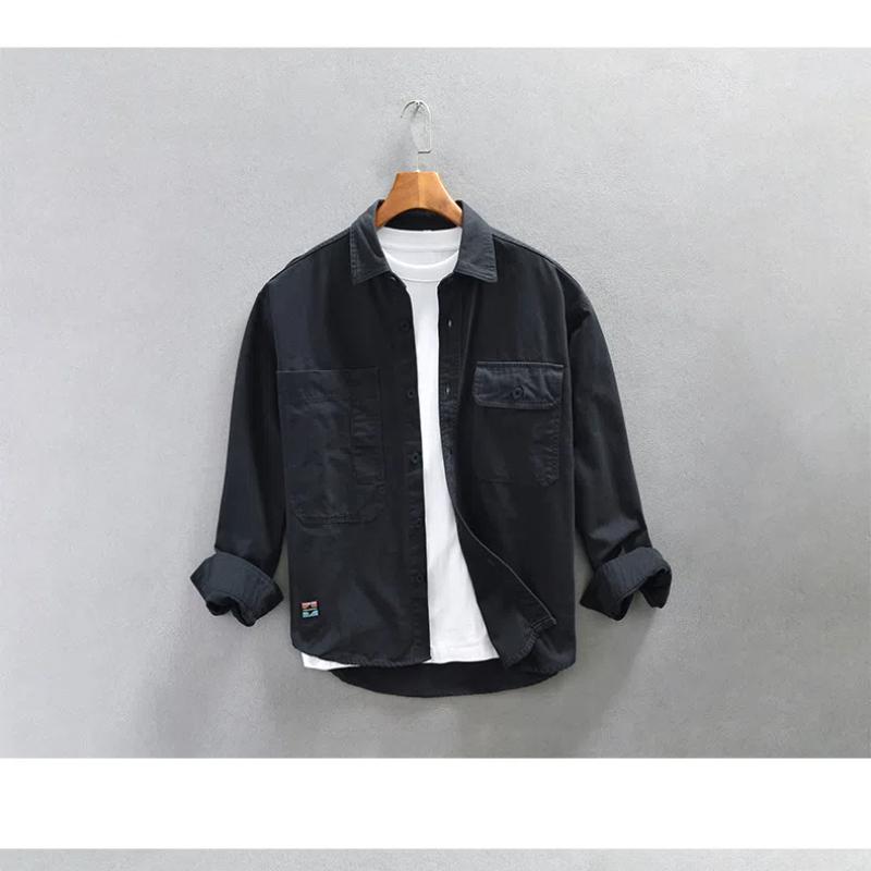 Японский стиль рабочая одежда хлопковые мужские рубашки весна/осень повседневная рубашка с длинным рукавом уличная одежда двойной карман свободный топ на пуговицах
