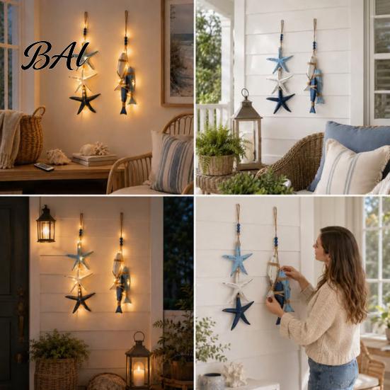 Maritime Inspired Home Accessories Lighted Wooden Fish Starfish Wall Decor, Beachy Decor with Warm LEDs, Rustic Wood Hanging Ornaments Coastal