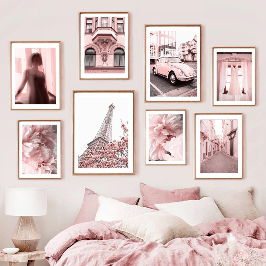 Башня Парижа Автомобиль Улица Балкон Женщина Пион Цветок Стены Искусства Отпечатки Холст Картина Скандинавский Плакат Декор Фотографии Для Гостиной