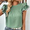 Женские модные повседневные однотонные блузки и рубашки с короткими рукавами и круглым вырезом с принтом
