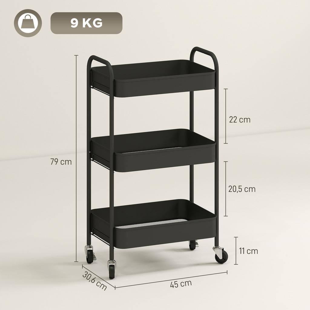 Three-Tier Steel Storage Trolley - Black