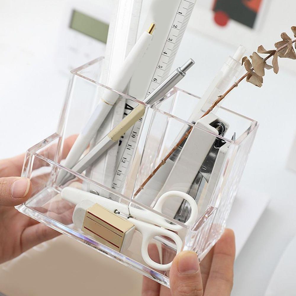 Space Saving Clear Pencil Organizer Cup 3 Compartments Transparent Pen Holder Countertop Desk