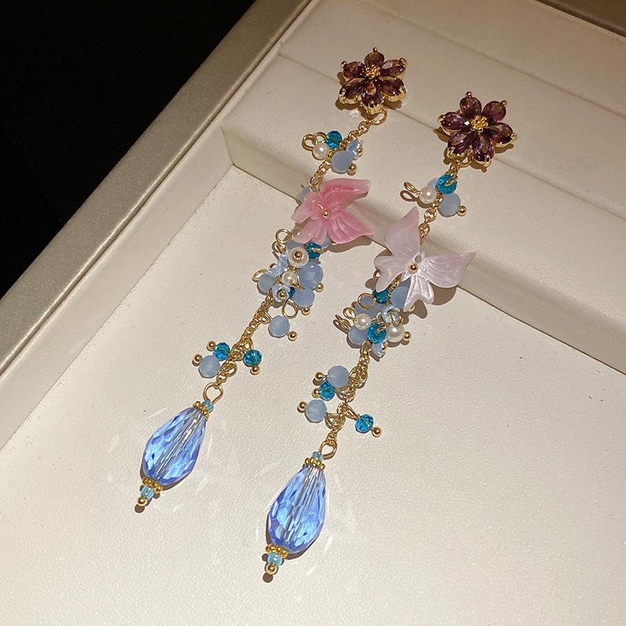 Zircon Freshwater Pearl Flower Tassel Earrings for Women, Luxury Sweet Fresh Elegant Ear Jewelry