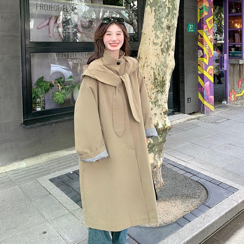 Повседневная ветровка цвета хаки с капюшоном для женщин, осеннее новое свободное пальто средней длины в корейском стиле