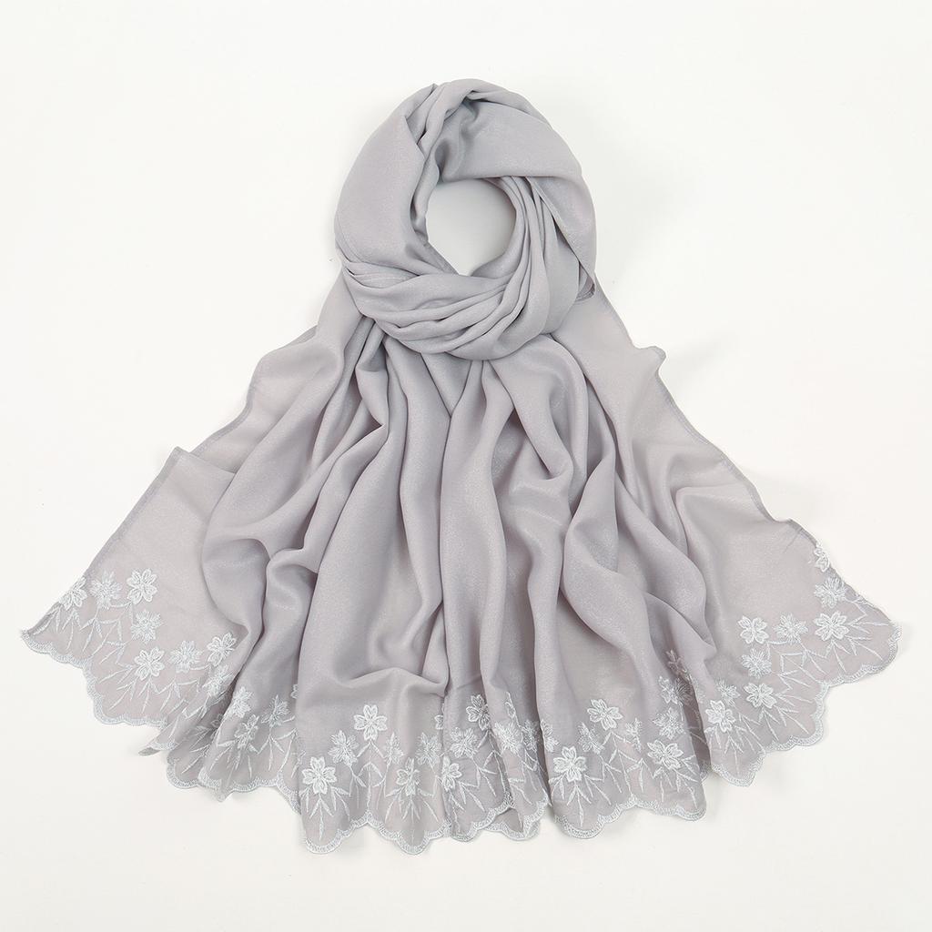 Solid Color Chiffon Embroidery Hijab - Ruffled Edge Long Scarf Islam Hijabs Women's Turbans Head Wrap Lightweight Scarf