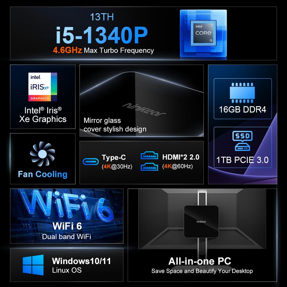 Ninkear MINI PC N13 Intel 13th i5-1340P до 4,6 ГГц 16 ГБ DDR4 + 1 ТБ SSD wifi6 12C16T Поддержка 4K 3 дисплея Компьютер