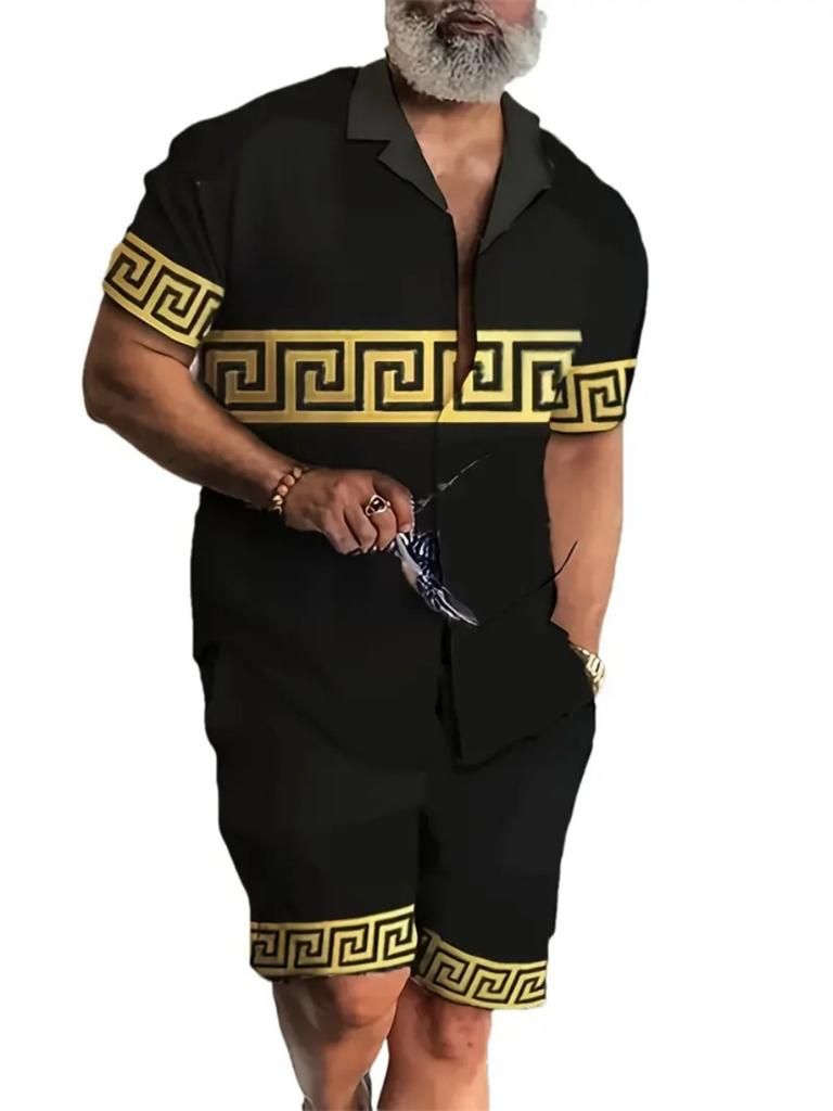 Мужской Новый Гавайский Комплект: Рубашка с коротким рукавом и Шорты Летний Повседневный для Путешествий Пляжный Повседневный Комплект с Шортами на Шнурке Принт Джунгли