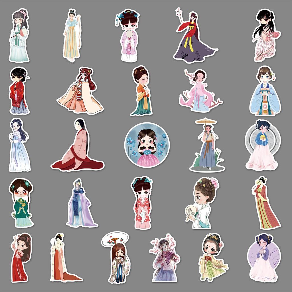 50 мультяшных наклейк в стиле граффити Hanfu для DIY, для скейтбордов, бутылок для воды и багажа - Водонепроницаемые и безопасные для детей