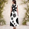Women Plus Size Round Neck Sleeveless Black White Striped Printed A Line Long Dress With Pockets