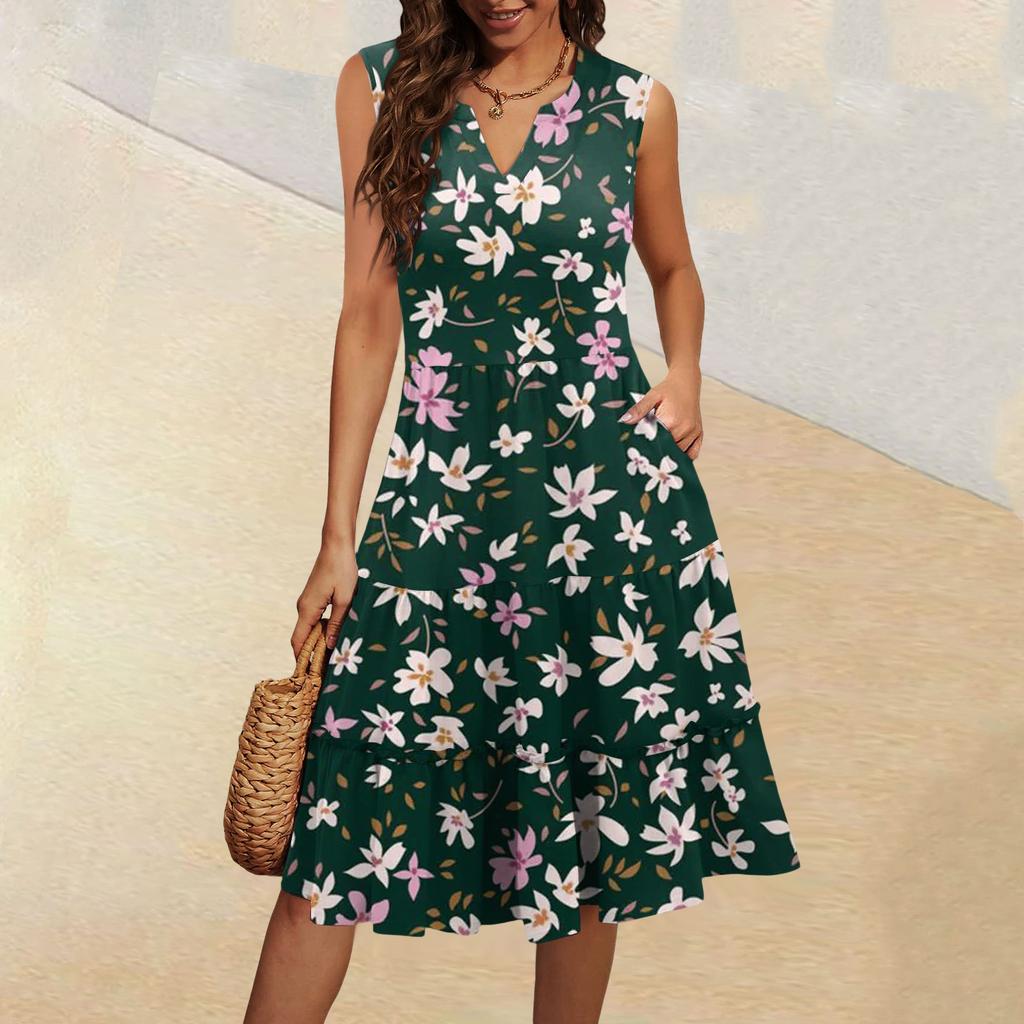 Женские летние повседневные платья без рукавов с V-образным вырезом и плиссированными оборками в винтажном стиле с цветочным принтом
