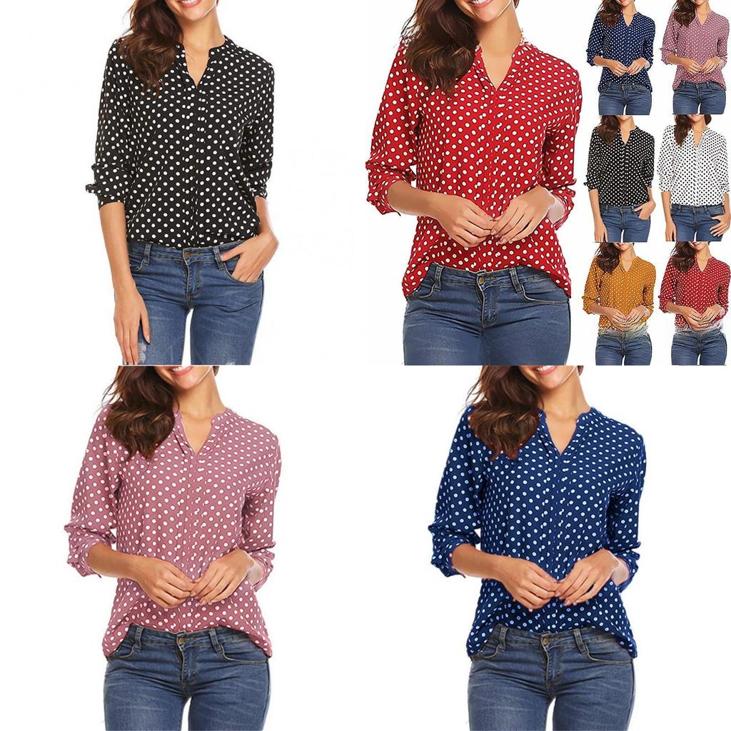 Womens Long Sleeve Dot Print Cotton Linen Shirt With U Neck For Casual Office Wear