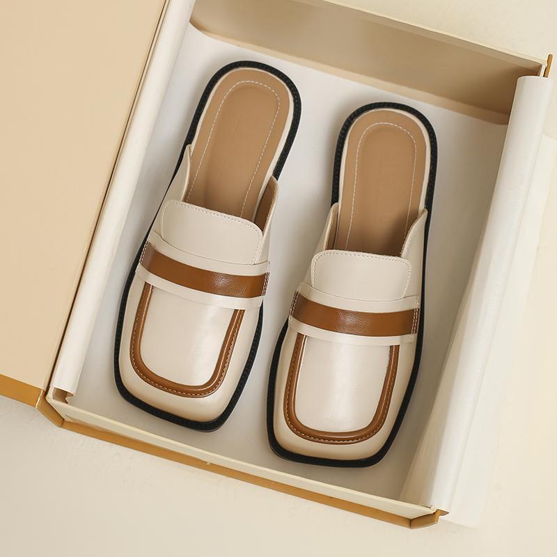 Fashion 2024 Spring and Autumn Women Wear Flat Slippers Square Head Design British Style Party and Work Wear Ladies Casual Mules 41-43