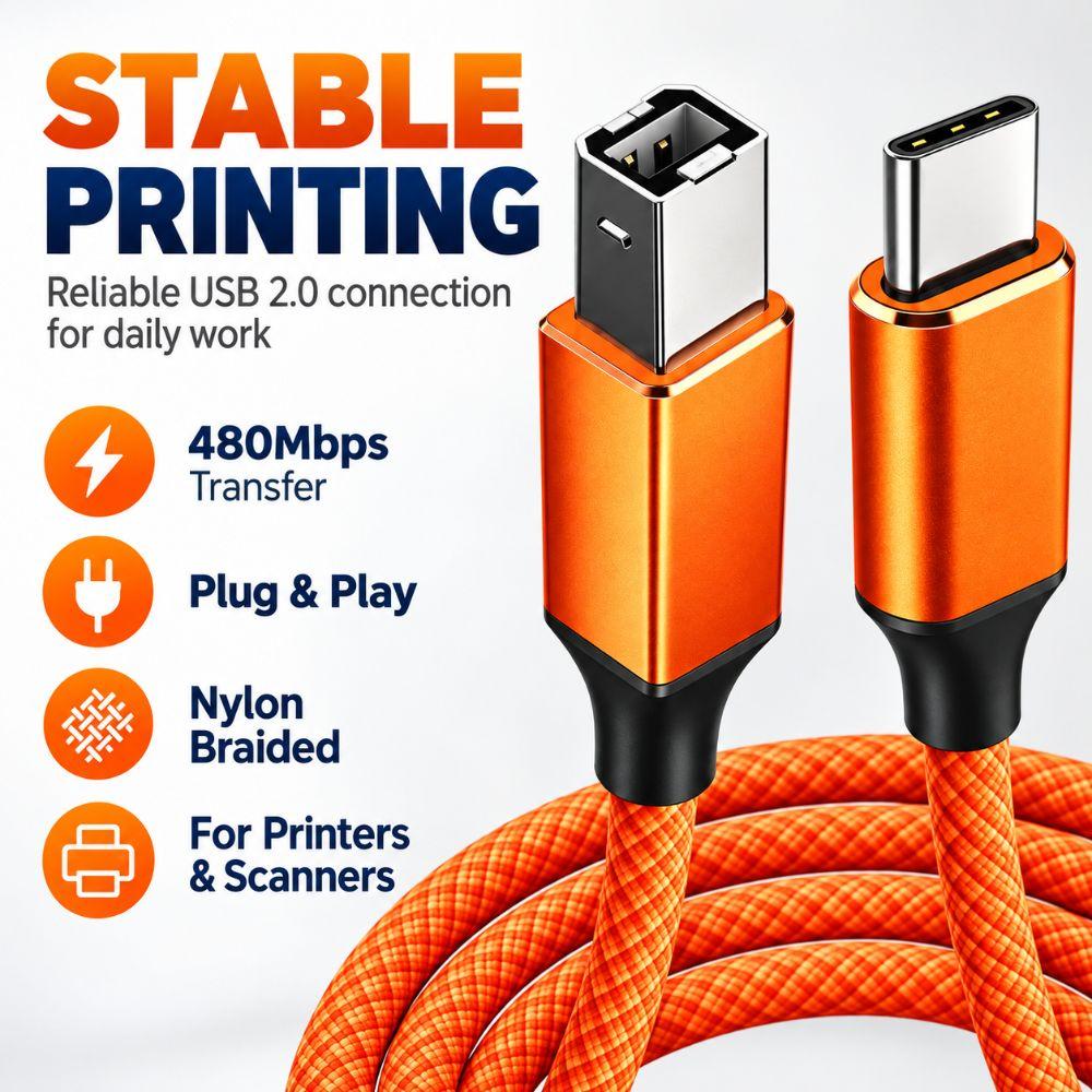 480Mbps USB-B Data Cord Nylon Braided Scanner Connection Cable Scanner Connection