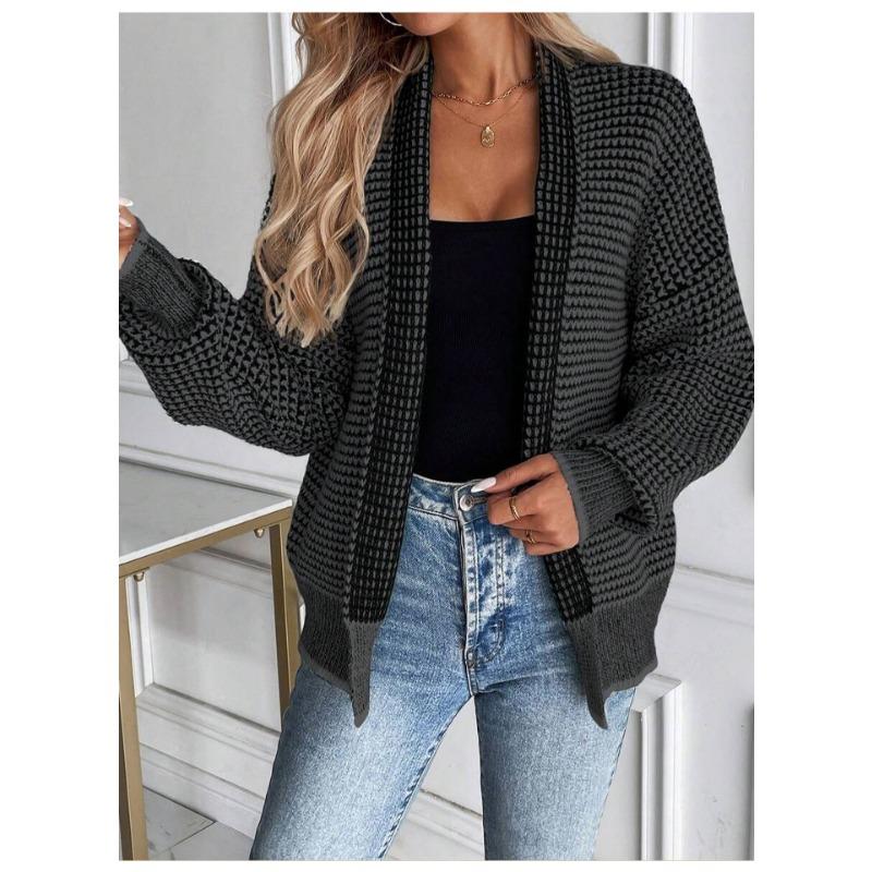 Women Loose Fit Plaid Knit Cardigan Autumn Winter Casual Sweater Coat